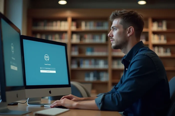 Student die toegang heeft tot zijn academische e-mail van Straatsburg vanaf een computer in de universitaire bibliotheek