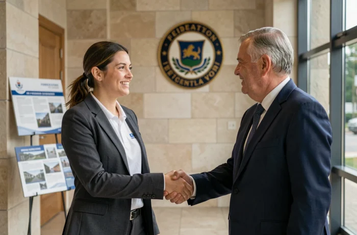Entrepreneure du bâtiment accueillie par un représentant d'une fédération BTP lors de son adhésion