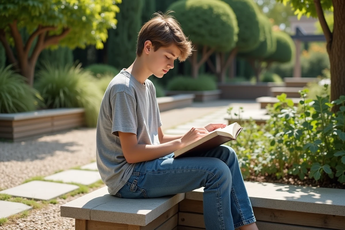 Adolescent lisant dans un jardin paisible