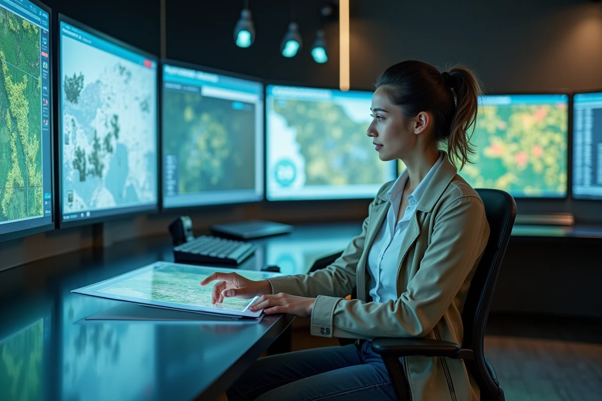 Jeune agronome analysant des images satellites en intérieur