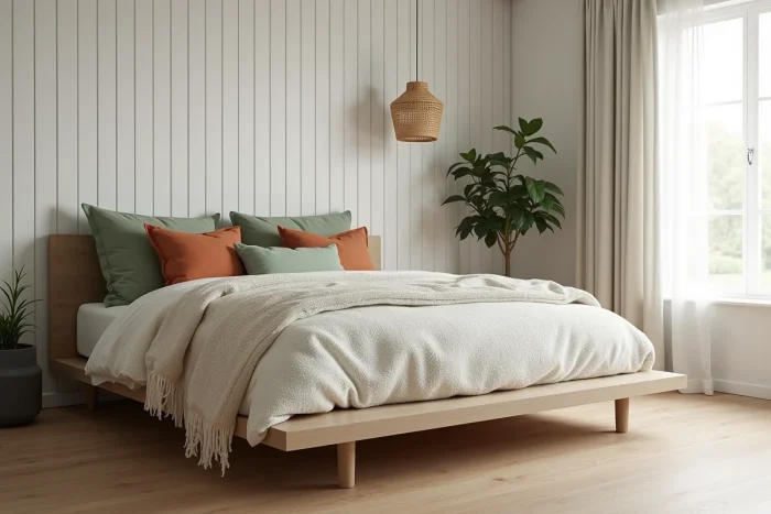 Chambre cocooning au style scandinave avec literie en bouclé, coussins texturés et plante verte dans un intérieur épuré