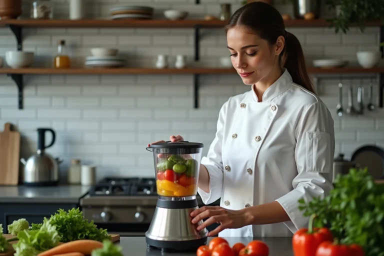 Chef femme en cuisine mixant légumes dans un blender moderne