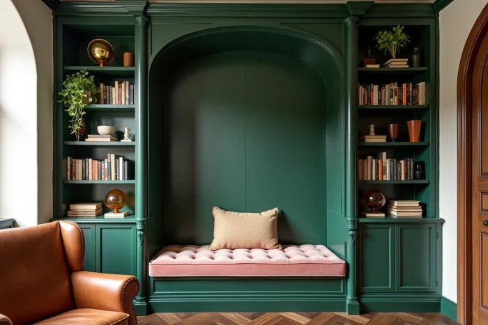 Coin lecture aménagé dans une alcôve avec bibliothèque verte intégrée, banquette en velours rose et décorations naturelles