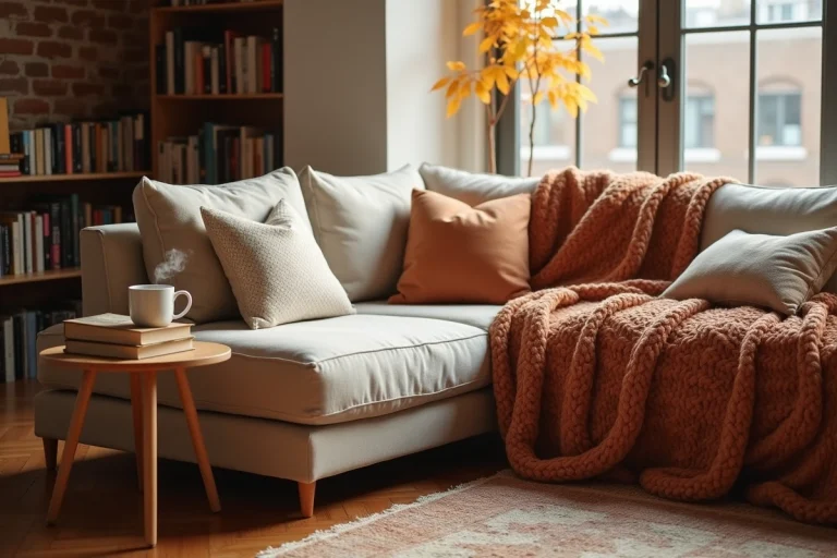 Coin salon chaleureux et cosy avec canapé en lin, plaid en laine et tasse fumante dans un appartement aux murs en brique
