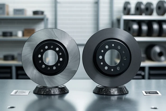 Comparaison d'un disque de frein en céramique neuf et d'un disque usé posés sur un établi dans un magasin de pièces automobiles