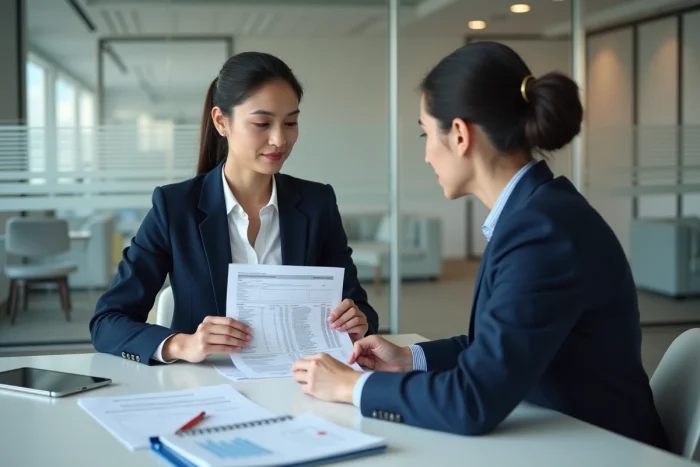 Femme et conseiller fiscal examinant ensemble un formulaire d'impôt dans un bureau professionnel moderne