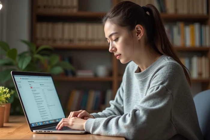 Jeune femme consultant sa messagerie académique de Strasbourg sur un ordinateur portable depuis son bureau à domicile