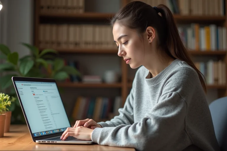 Jeune femme consultant sa messagerie académique de Strasbourg sur un ordinateur portable depuis son bureau à domicile