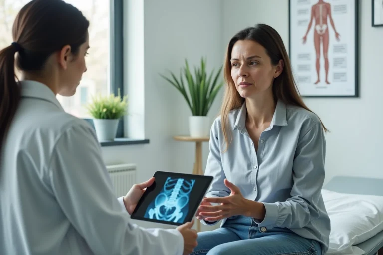 Femme assise lors d'une consultation médicale avec un médecin