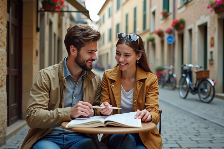 Jeune couple souriant dans un café européen en voyage