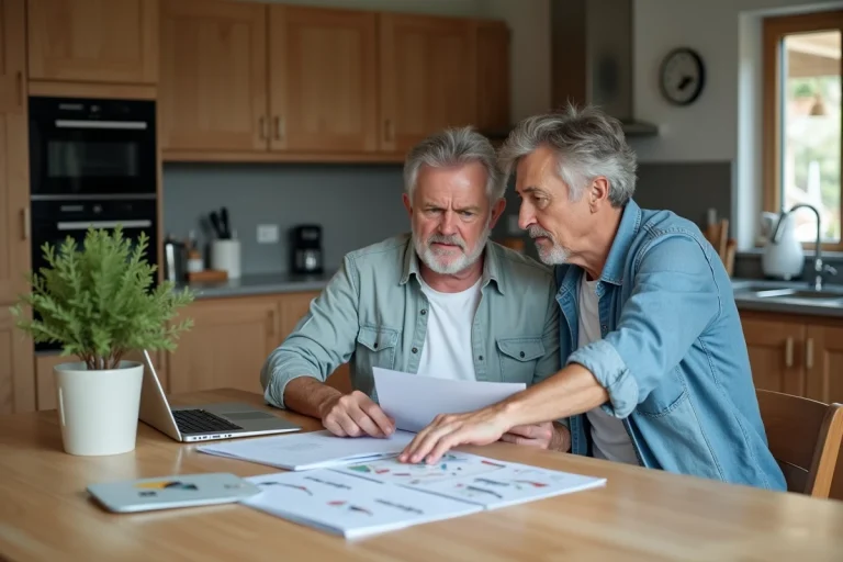 Couple français discute plans cuisine moderne