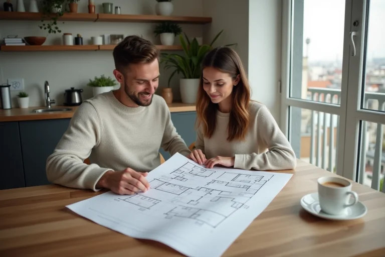 Couple examinant des plans dans un appartement moderne