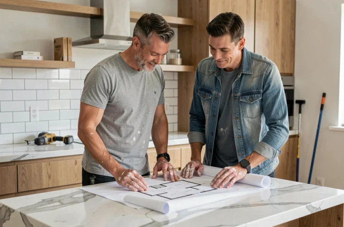 Couple examinant des plans de rénovation dans une cuisine moderne fraîchement rénovée