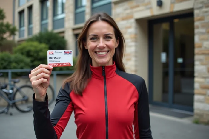 Cycliste femme tenant sa licence FFC devant un bureau de fédération de cyclisme en ville