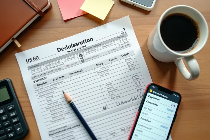Vue aérienne d'une déclaration de revenus fonciers avec calculatrice et documents fiscaux sur un bureau en bois