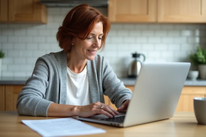 Femme en préretraite effectuant ses démarches Agirc-Arrco en ligne depuis sa cuisine