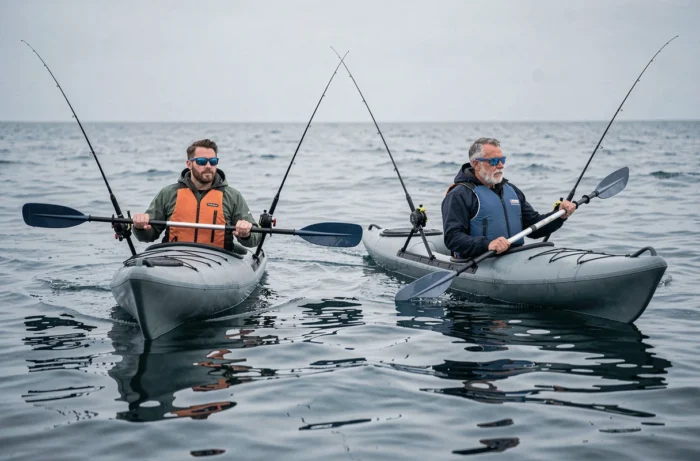 Deux pêcheurs en kayaks de mer gonflables pagayant côte à côte en mer ouverte avec cannes montées