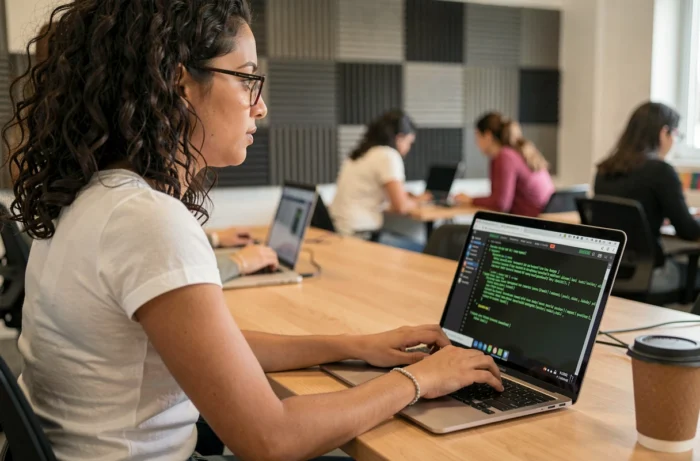 Jeune femme développeuse effectuant un scan de vulnérabilité sur un site web depuis un espace de coworking
