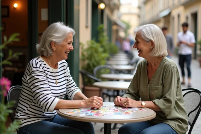 Deux femmes échangeant des vignettes Intermarché Armor Lux en terrasse de café