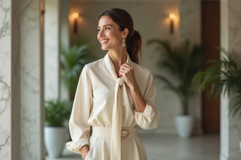 Femme élégante en blouse crème et foulard en silk