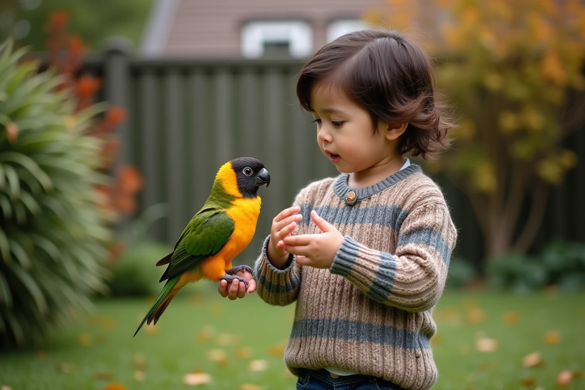Enfant dans le jardin avec perroquet vert en main