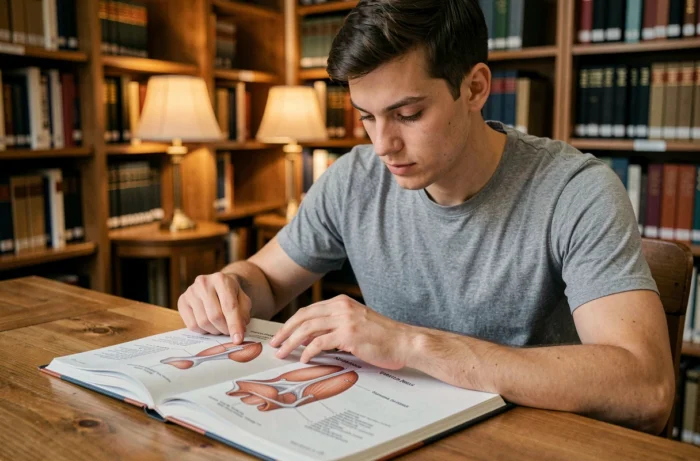 Étudiant en anatomie étudiant les parties du corps humain en Z comme le muscle zygomatique dans un atlas médical