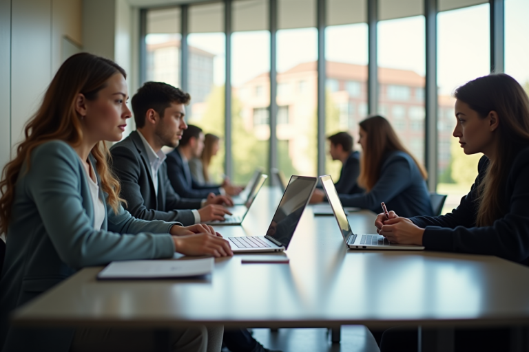 Étudiants universitaires travaillant sur ordinateurs dans un espace moderne