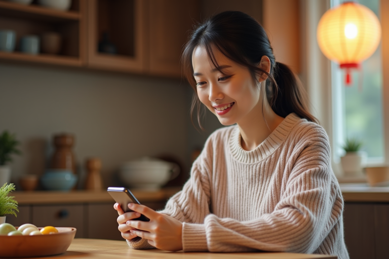 Femme asiatique regardant son smartphone avec calendrier lunaire