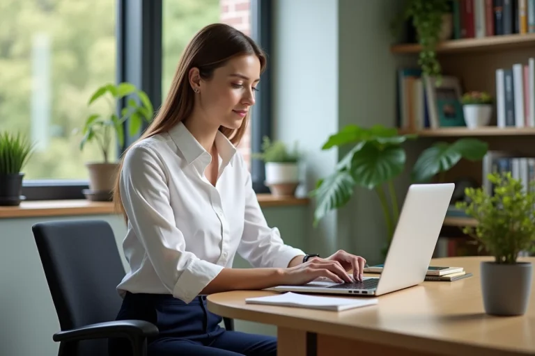 Femme travaillant sur son ordinateur dans un bureau lumineux