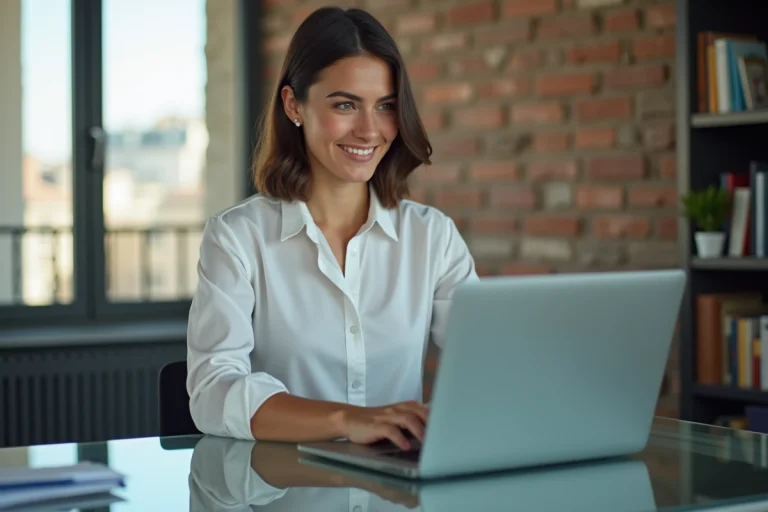 Jeune femme française au bureau moderne avec ordinateur