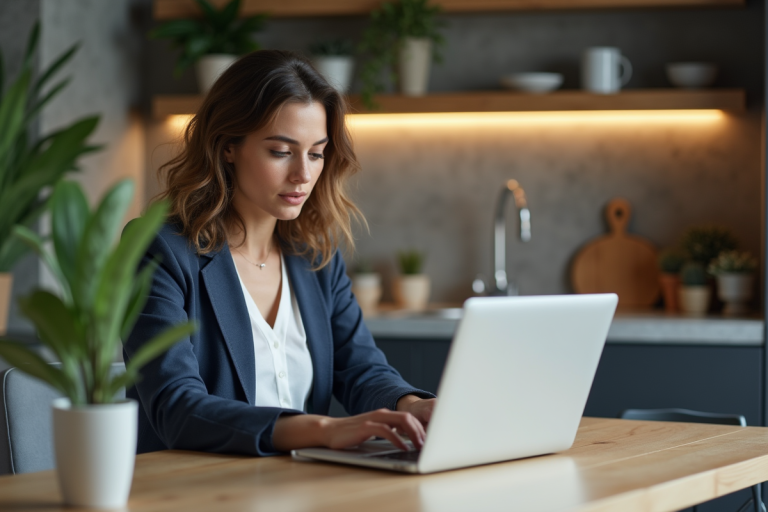 Femme en blazer regardant un site de voyage sur son ordinateur