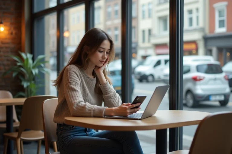 Jeune femme au café avec ordinateur et smartphone