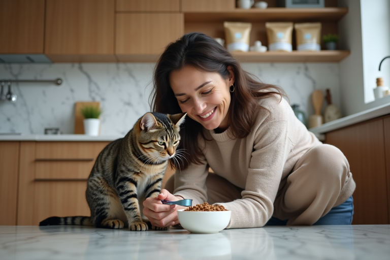 Femme avec chat dans une cuisine moderne et chaleureuse