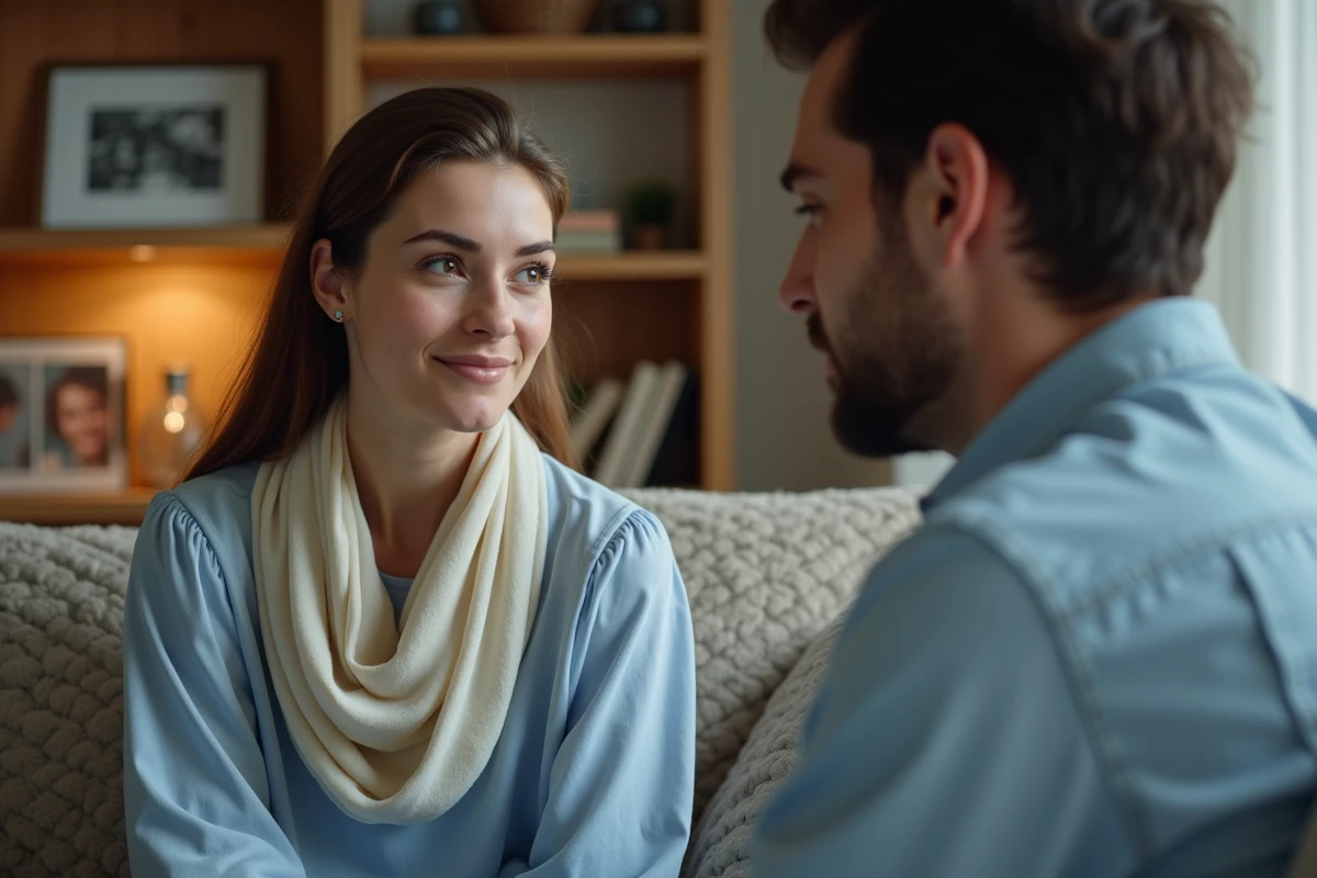 Femme et homme discutant dans un salon cosy