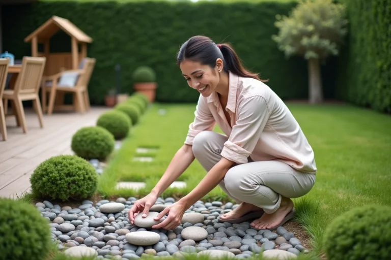Femme arrangeant des pierres dans un jardin en plein air