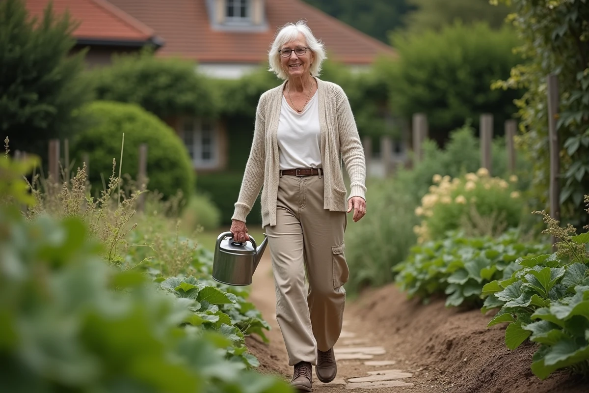 Femme âgée arrosant ses légumes dans un jardin rural