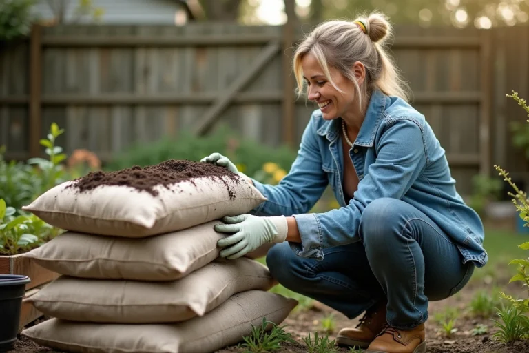 Femme d'âge moyen dans le jardin examine un sac de terreau