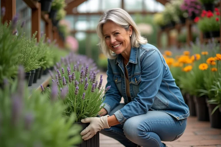 Femme en jardinage inspectant une lavande dans un centre floral