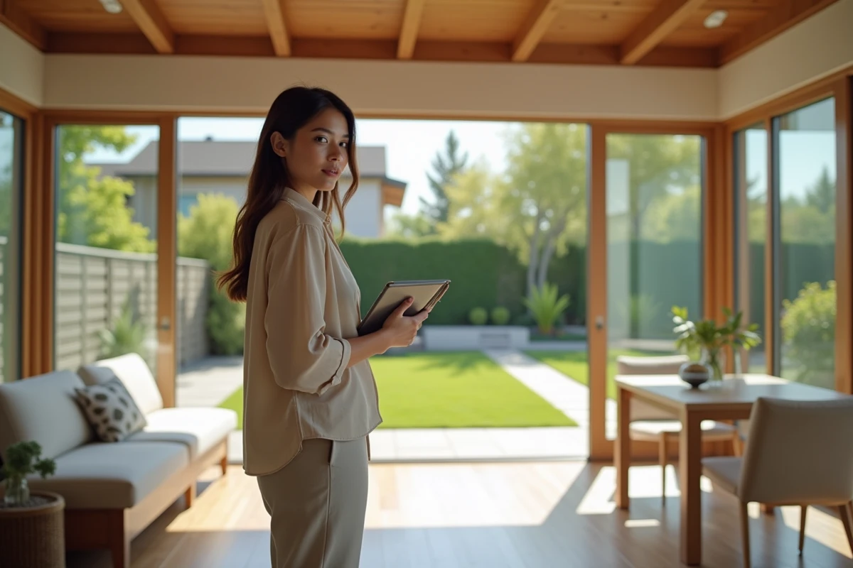 Jeune femme avec tablette dans un jardin ensoleille