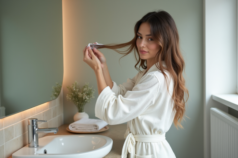 Femme se lavant les cheveux dans une salle de bain moderne