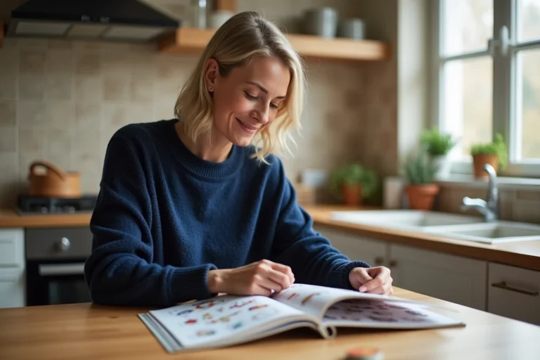Femme organisant ses vignettes Intermarché dans un album sur une table de cuisine moderne