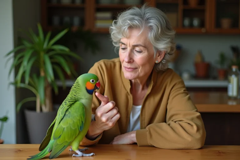 Femme d'âge moyen avec perroquet vert dans la maison