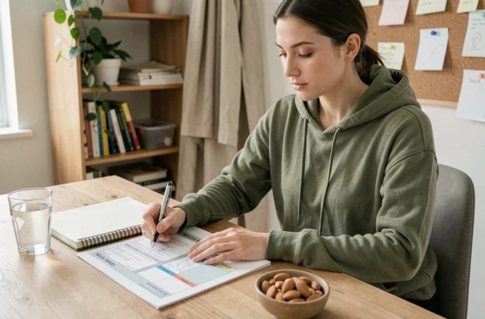 Femme planifiant son programme de nutrition et d'exercice pour une perte de poids durable à domicile