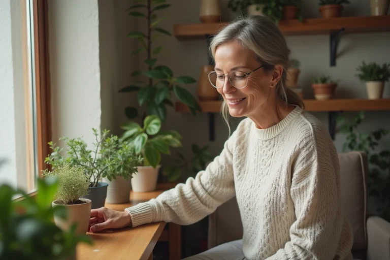 Femme arrangeant des plantes dans un salon lumineux