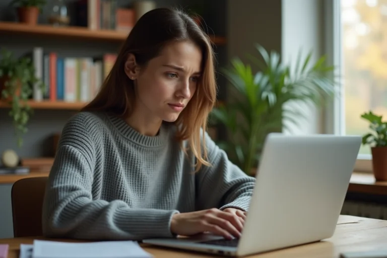 Jeune femme préoccupée consultant son ordinateur portable sur un bureau en bois, illustrant la réaction face à un leak sur les réseaux sociaux