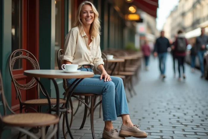 Grande femme assise en terrasse de café parisien, son gabarit remarquable contrastant avec les petites chaises bistrot, évoquant le parcours de la femme la plus grande du monde