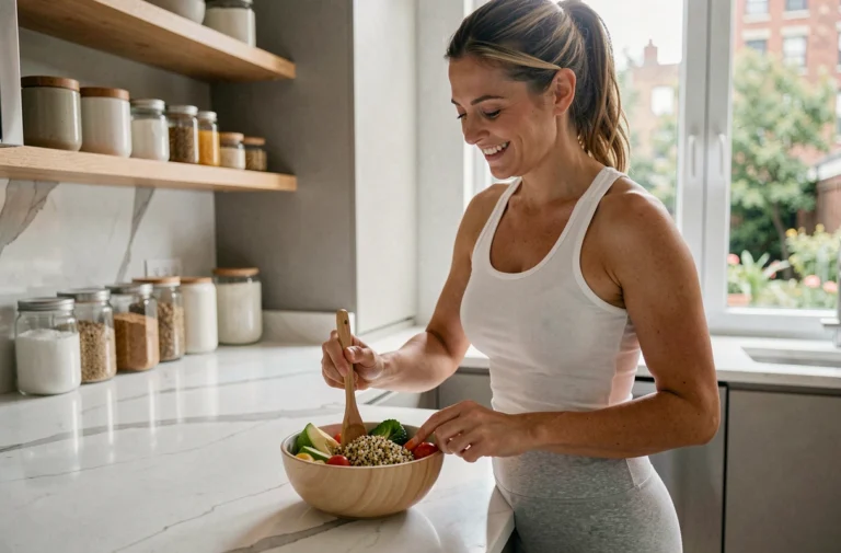 Femme préparant un repas sain et équilibré dans une cuisine moderne pour une perte de poids durable