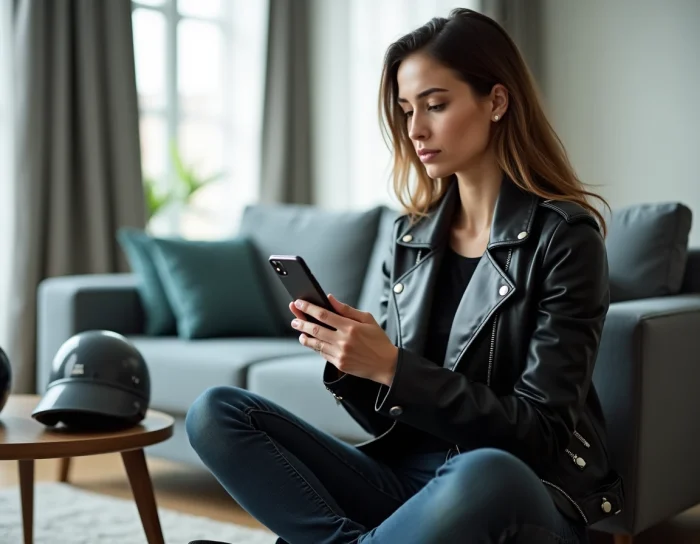 Femme en veste moto révisant le code de la route gratuitement sur une application mobile dans un salon moderne