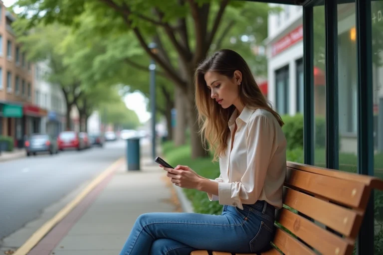 Femme utilisant son smartphone assise à un arrêt de bus urbain