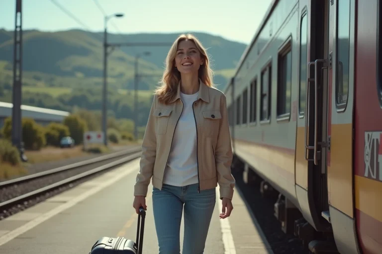 Femme détendue montant un train à Hendaye avec paysage basque